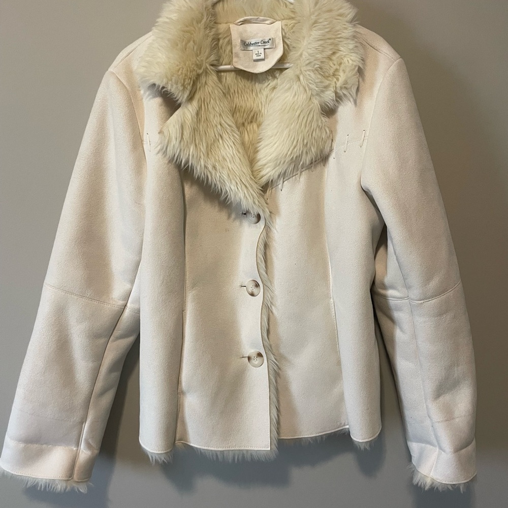 White Polyester Suede Fur Lined Jacket